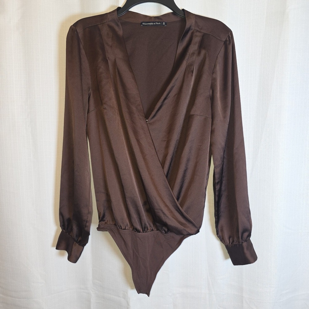 Abercrombie Fitch Brown Satin Faux Wrap Long Sleeve Bodysuit M Grunge